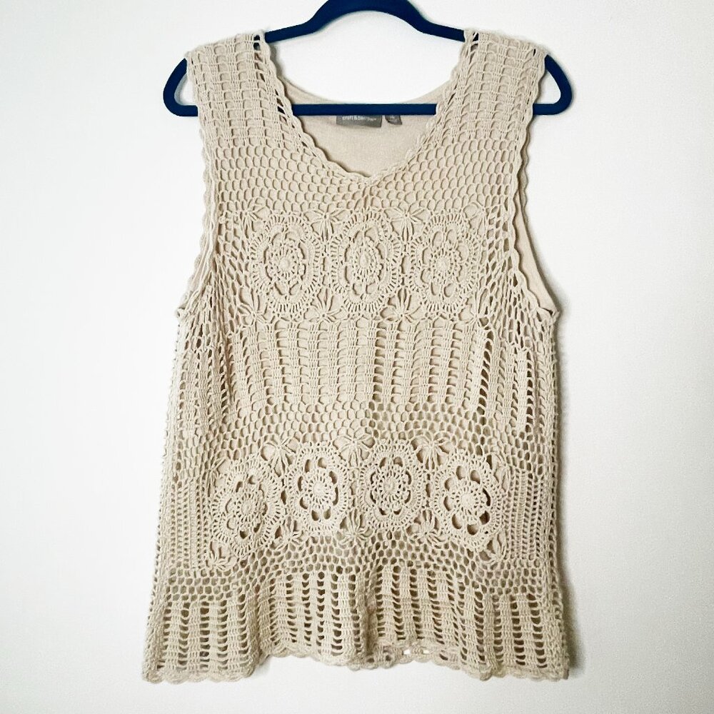 Croft & Barrow Cream Crochet Tank Top Boho Open Knit Sleeveless Festival Top XL